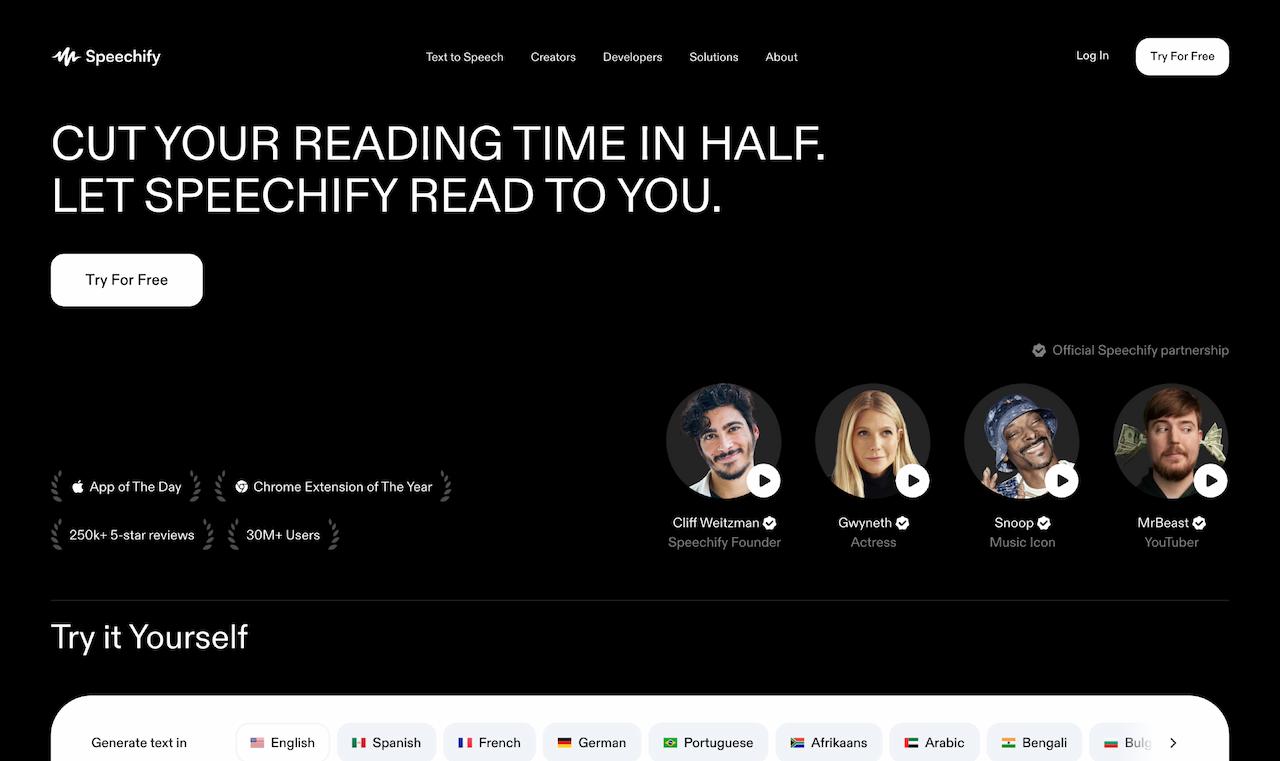 screenshot of Speechify website