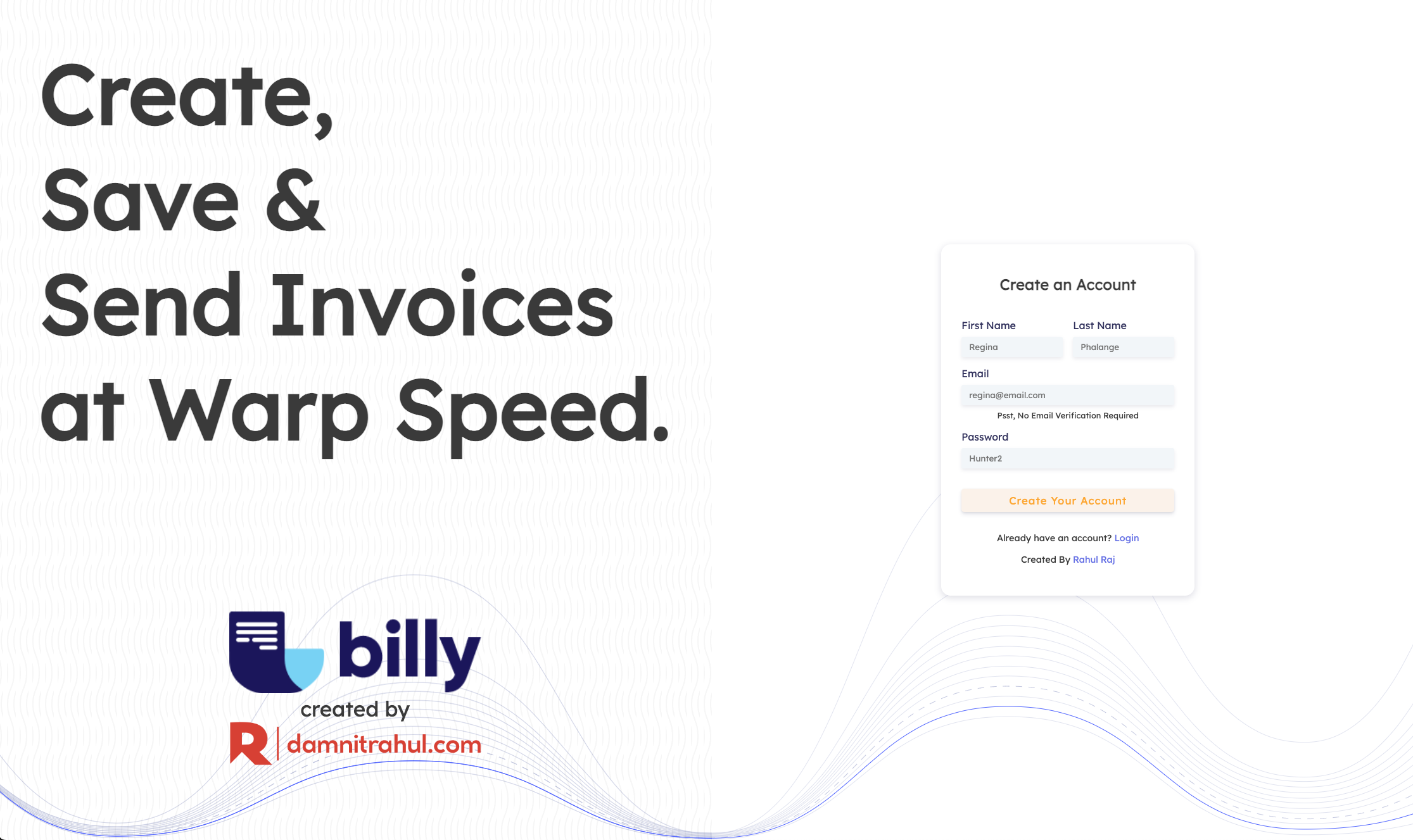 screenshot of Billy Invoices App website